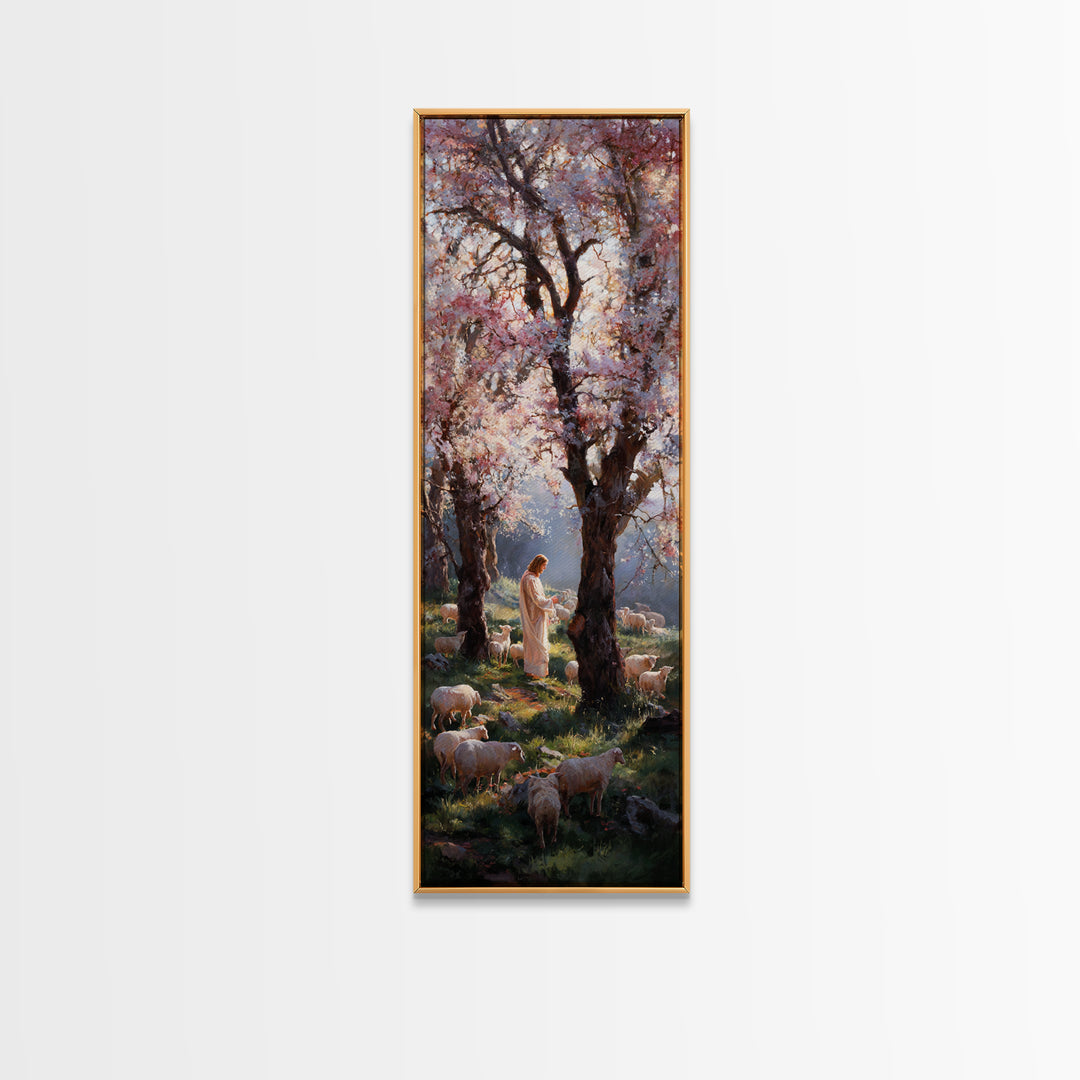 Spring Shepherd Grace – Framed Canvas Print – Tall Narrow Wall Art – Christian Art Canvas – Christian Wall Art – Jesus Painting – Christian