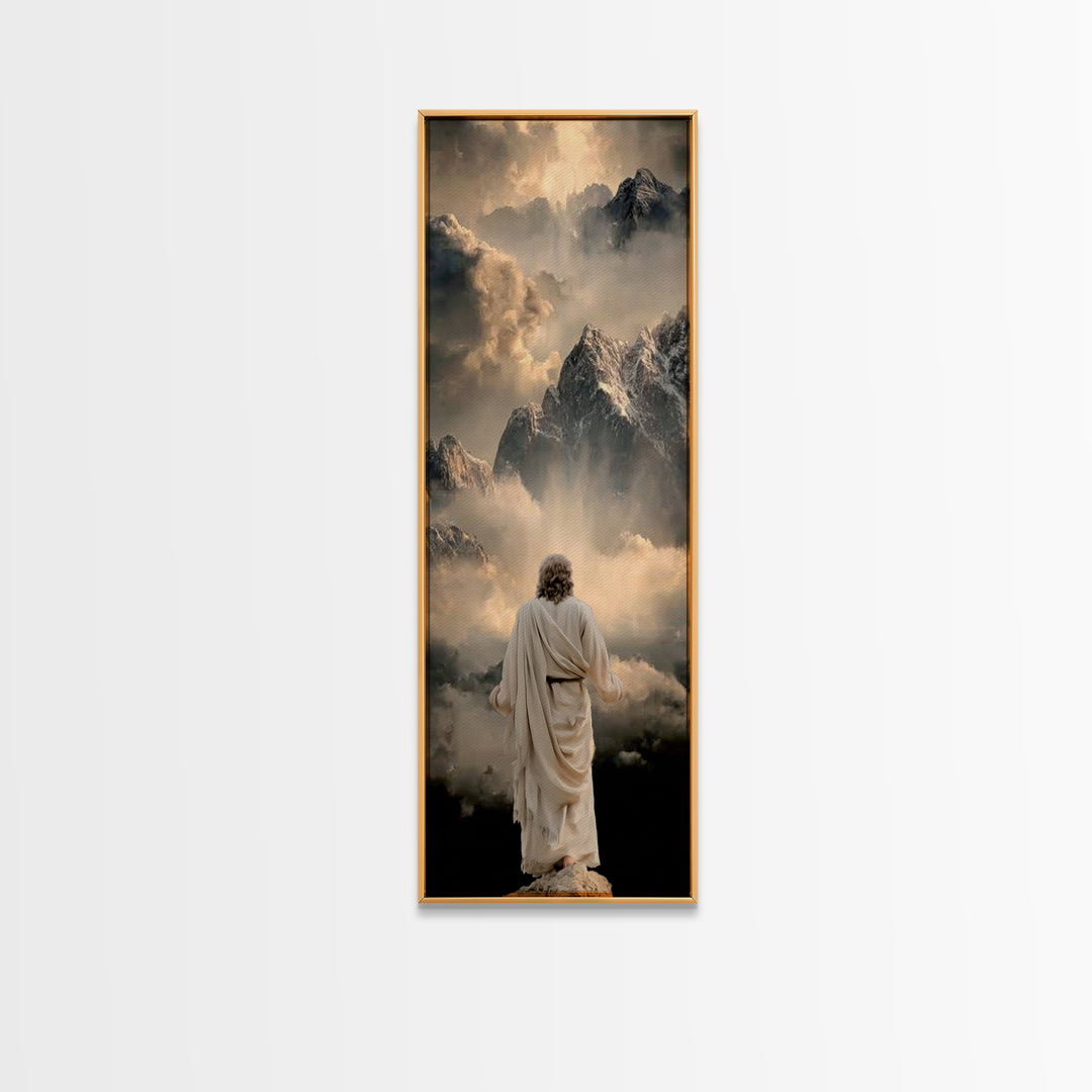 Sacred Summit Calm, Framed Canvas Print, Tall Skinny Art Print, Christian Wall Art, Christian Art Canvas, Jesus Painting, Christmas Art