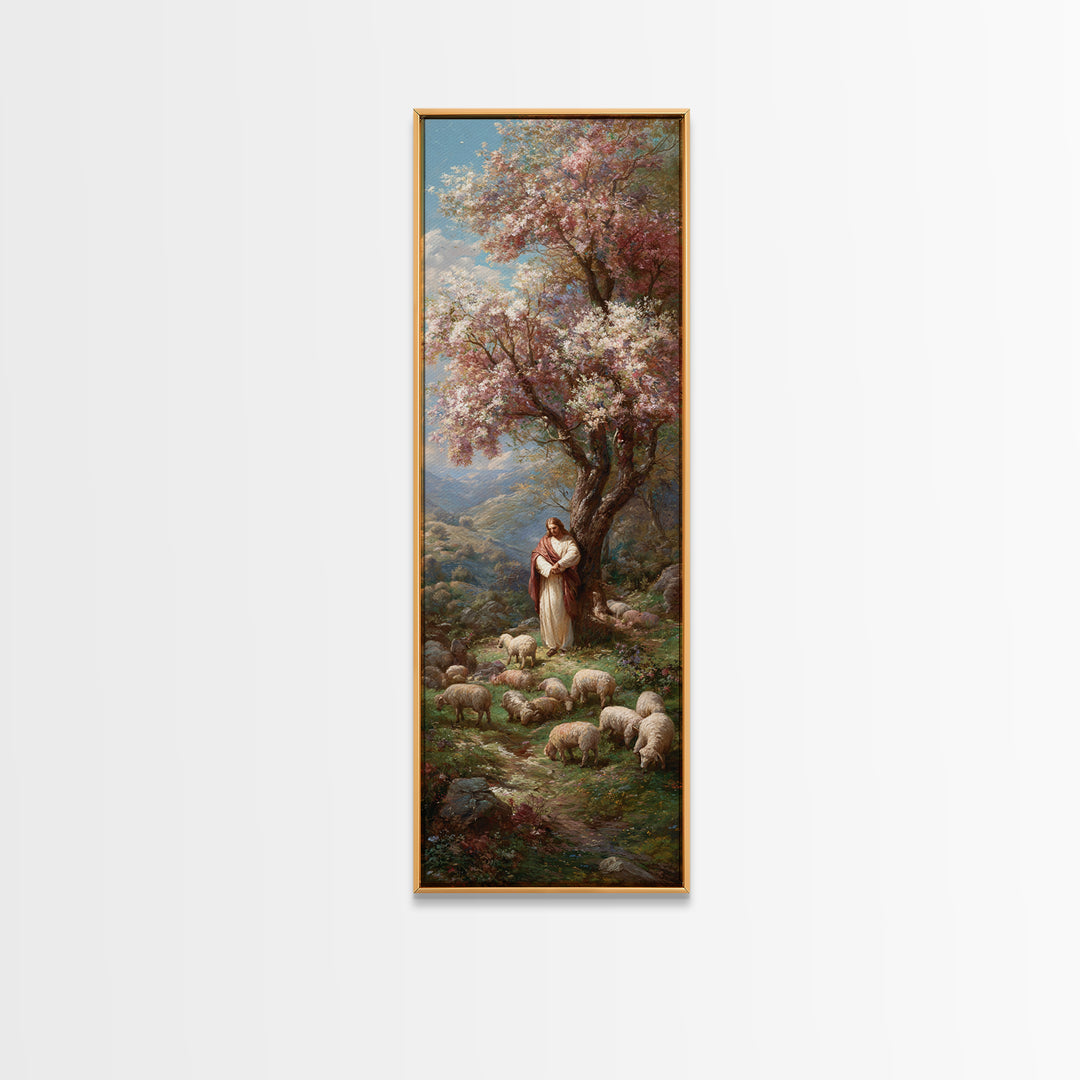 Blossoms Of The Shepherd – Framed Canvas Print – Jesus Painting – Christian Art Canvas – Christian Wall Art – Tall Narrow Wall Art – Christ