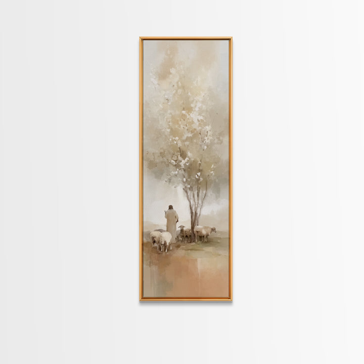 Quiet Pasture Blessing – Framed Canvas Print – Christian Art – Jesus Painting – Christian Wall Art – Narrow Art – Christian Christmas Art