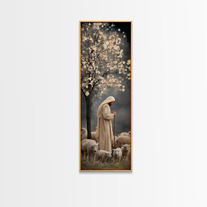 Night Shepherd Grace – Framed Canvas Print – Christian Wall Art – Christian Art – Jesus Painting – Christian Art Canvas – Skinny Art
