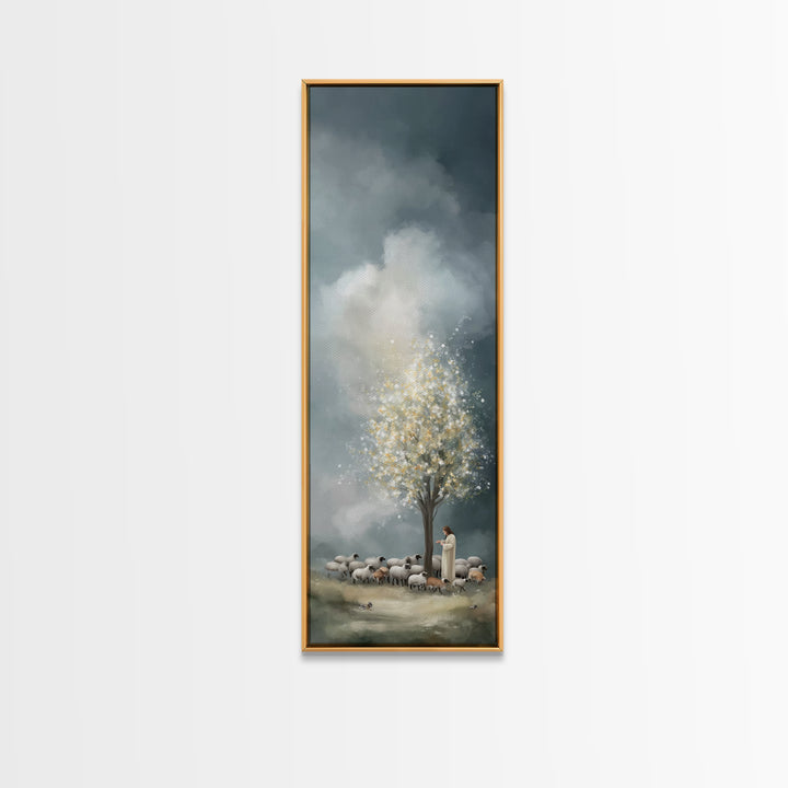 Golden Pasture Peace - Framed Canvas Print - Christian Wall Art - Jesus Painting - Narrow Art - Christian Art Canvas