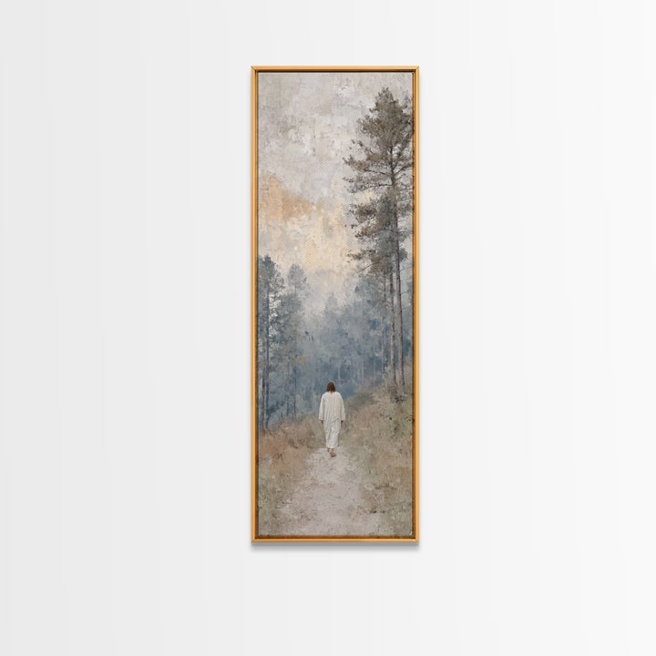 Forest Dawn Walk - Framed Canvas Print - Christian Art Canvas - Jesus Painting - Tall Skinny Art Print - Christian Wall Art