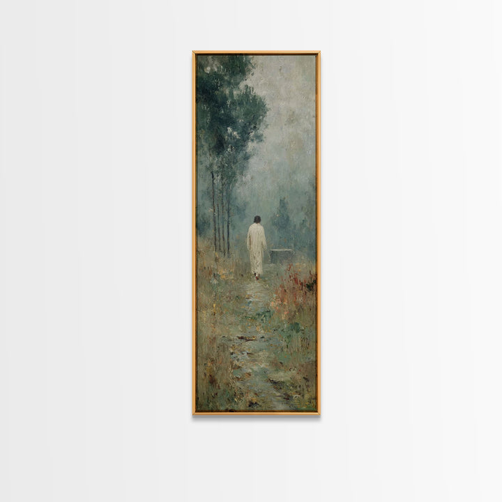 Quiet Meadow Walk, Framed Canvas Print, Christian Wall Art, Jesus Painting, Tall Skinny Art Print, Christian Art Canvas