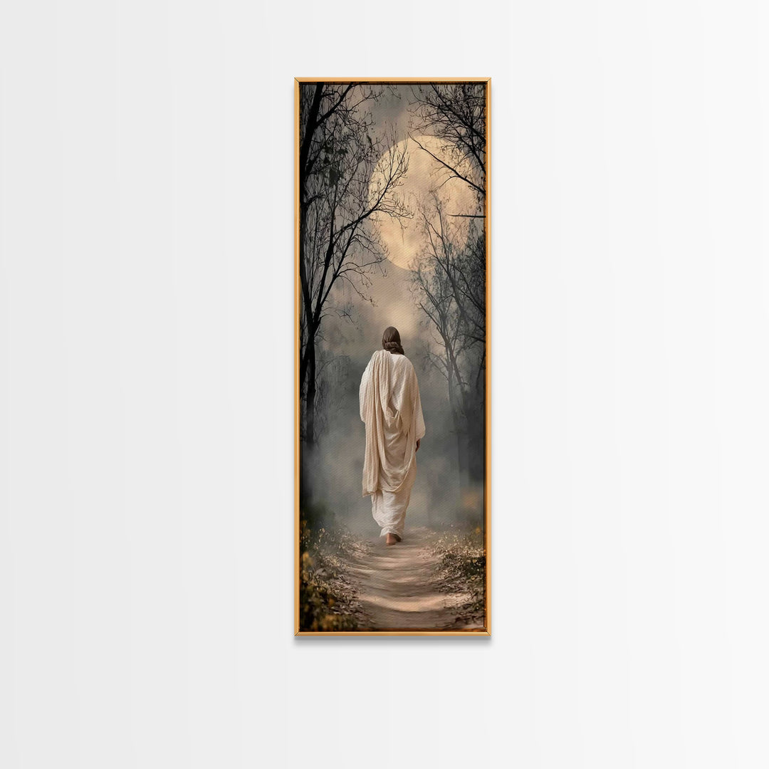 Moonlit Savior Path - Framed Canvas Print - Christian Wall Art - Jesus Painting - Tall Narrow Wall Art - Christian Art Canvas
