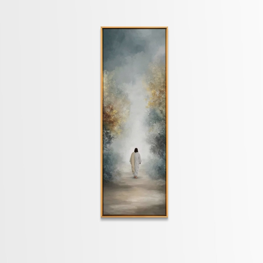 Soft Dawn Passage, Framed Canvas Print, Christian Wall Art, Jesus Painting, Tall Narrow Wall Art, Christian Art Canvas