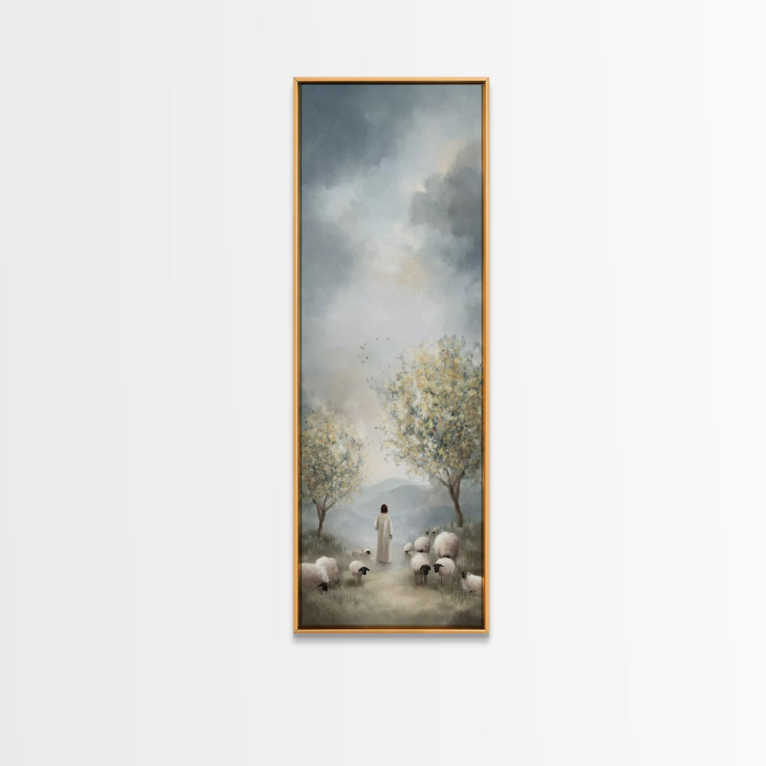 Peaceful Pasture Light – Framed Canvas Print – Tall Skinny Art Print – Christian Art Canvas – Christian Wall Art – Jesus Painting – Christi