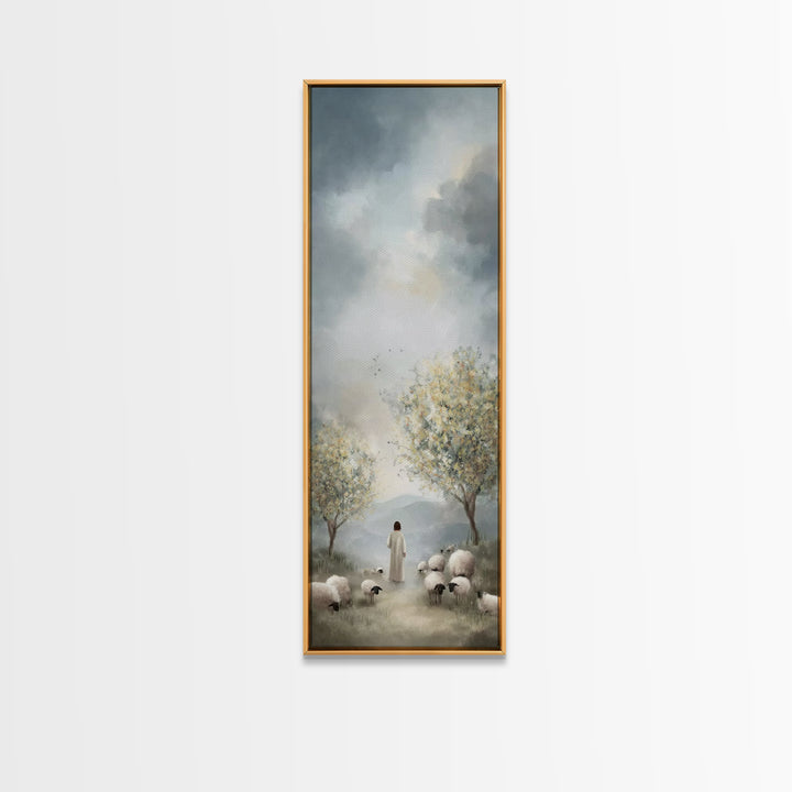 Peaceful Pasture Light – Framed Canvas Print – Tall Skinny Art Print – Christian Art Canvas – Christian Wall Art – Jesus Painting – Christi