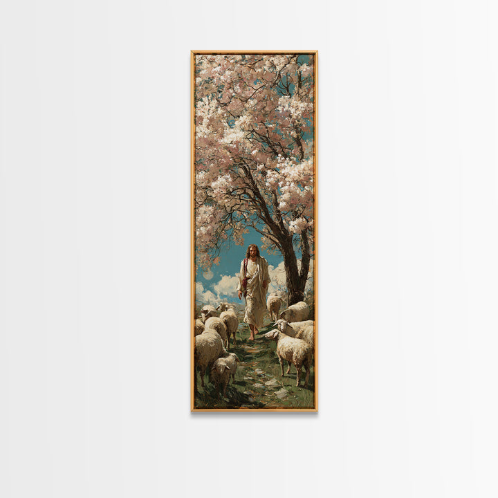Garden Of The Shepherd – Framed Canvas Print – Narrow Art – Jesus Painting – Christian Wall Art – Christian Art Canvas – Christian Art