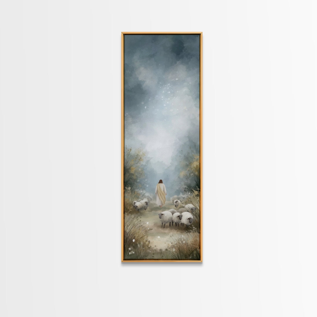 Heavenly Pasture Light, Framed Canvas Print, Tall Skinny Art Print, Christian Art Canvas, Christian Wall Art, Jesus Painting, Christmas Art