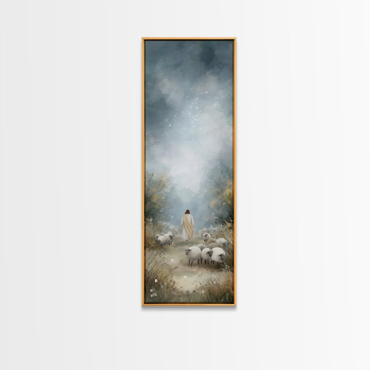 Heavenly Pasture Light, Framed Canvas Print, Tall Skinny Art Print, Christian Art Canvas, Christian Wall Art, Jesus Painting, Christmas Art