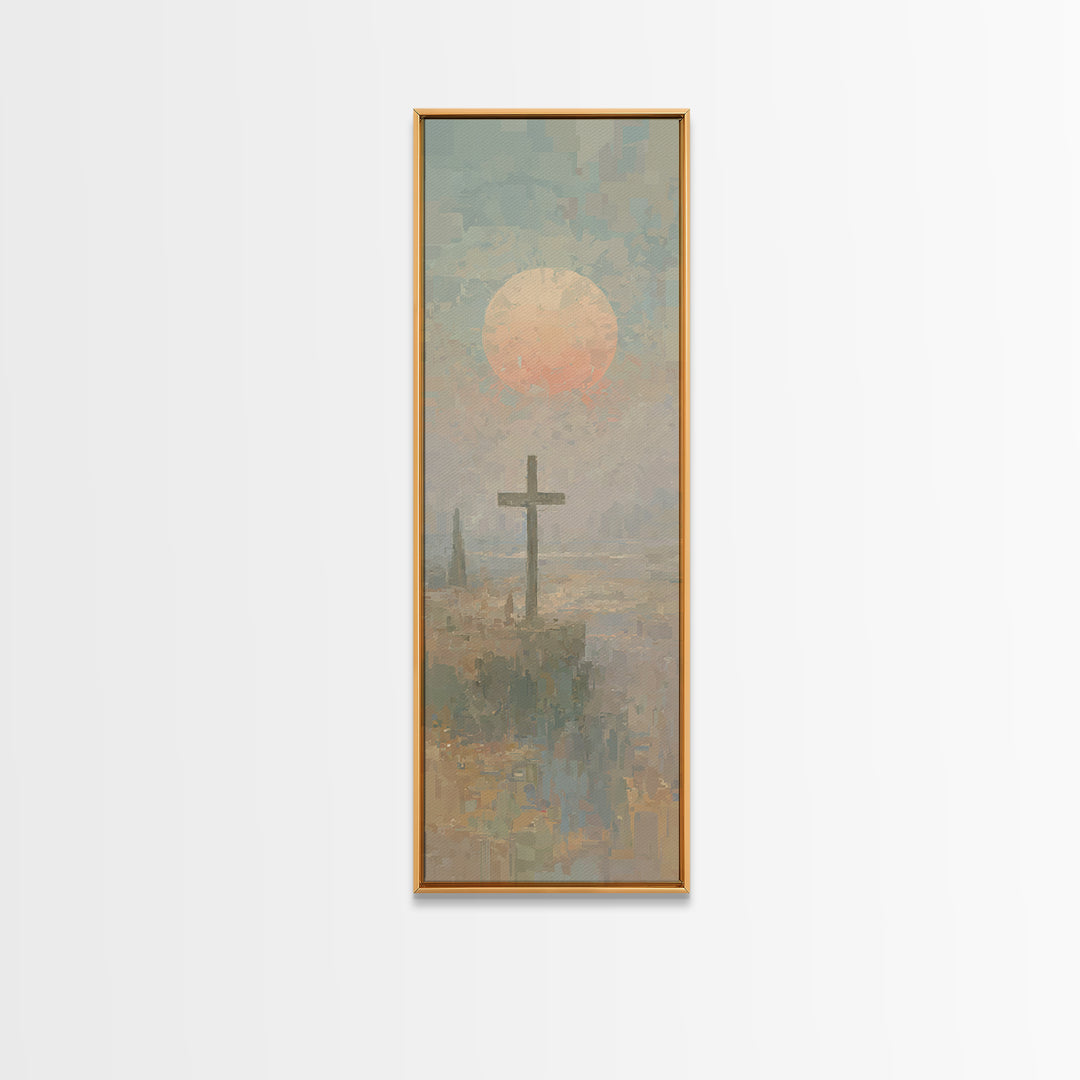Cross Of Dawn, Framed Canvas Print, Narrow Art, Christian Wall Art, Abstract Christian Art, Christian Art Canvas, Modern Christian Art, Chr
