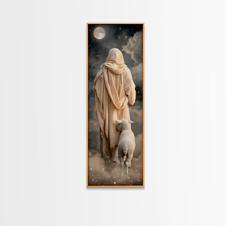 Moonlit Shepherd Walk | Framed Canvas Print | Narrow Art | Christian Wall Art | Jesus Painting | Christian Art Canvas | Christian Art
