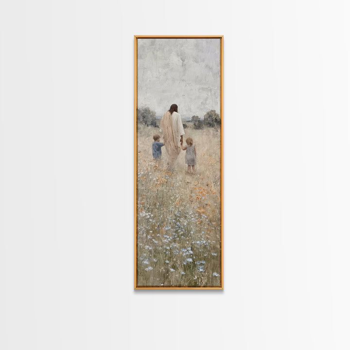 The Meadow Shepherd's Peace - Framed Canvas Print - Tall Narrow Wall Art - Christian Wall Art - Jesus Painting - Christian Art Canvas