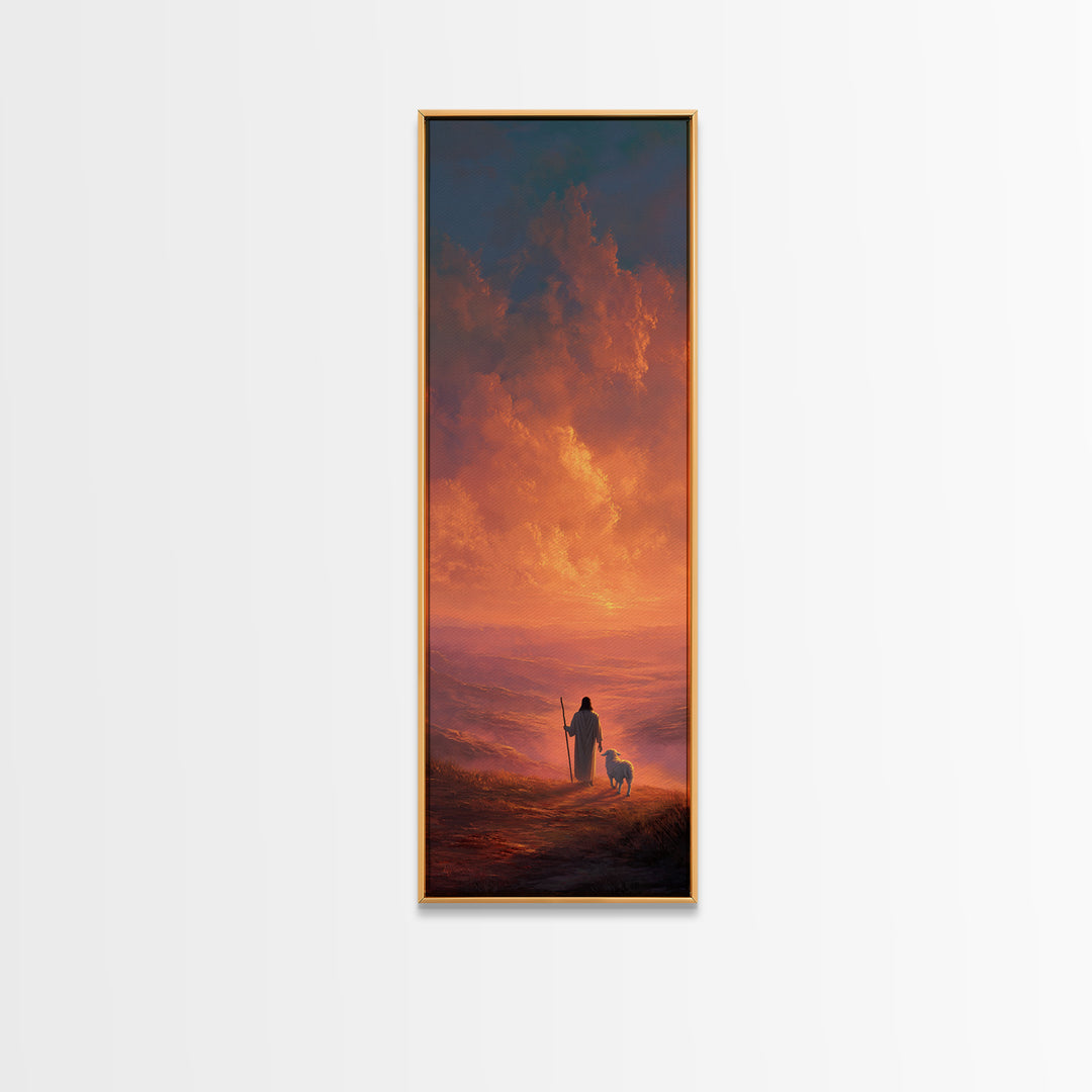 Crimson Sky Shepherd - Framed Canvas Print - Tall Narrow Wall Art - Christian Art - Christian Canvas Art - Jesus Painting - Christian Gift