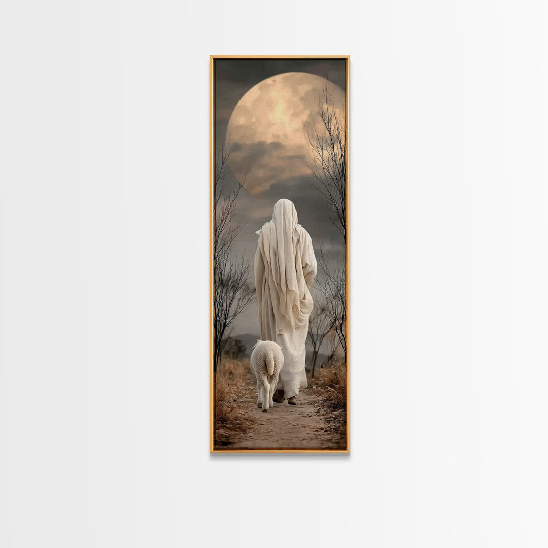Moonlit Shepherd Peace | Framed Canvas Print | Christian Wall Art | Christian Art Canvas | Jesus Painting | Christian Decor | Tall Narrow W
