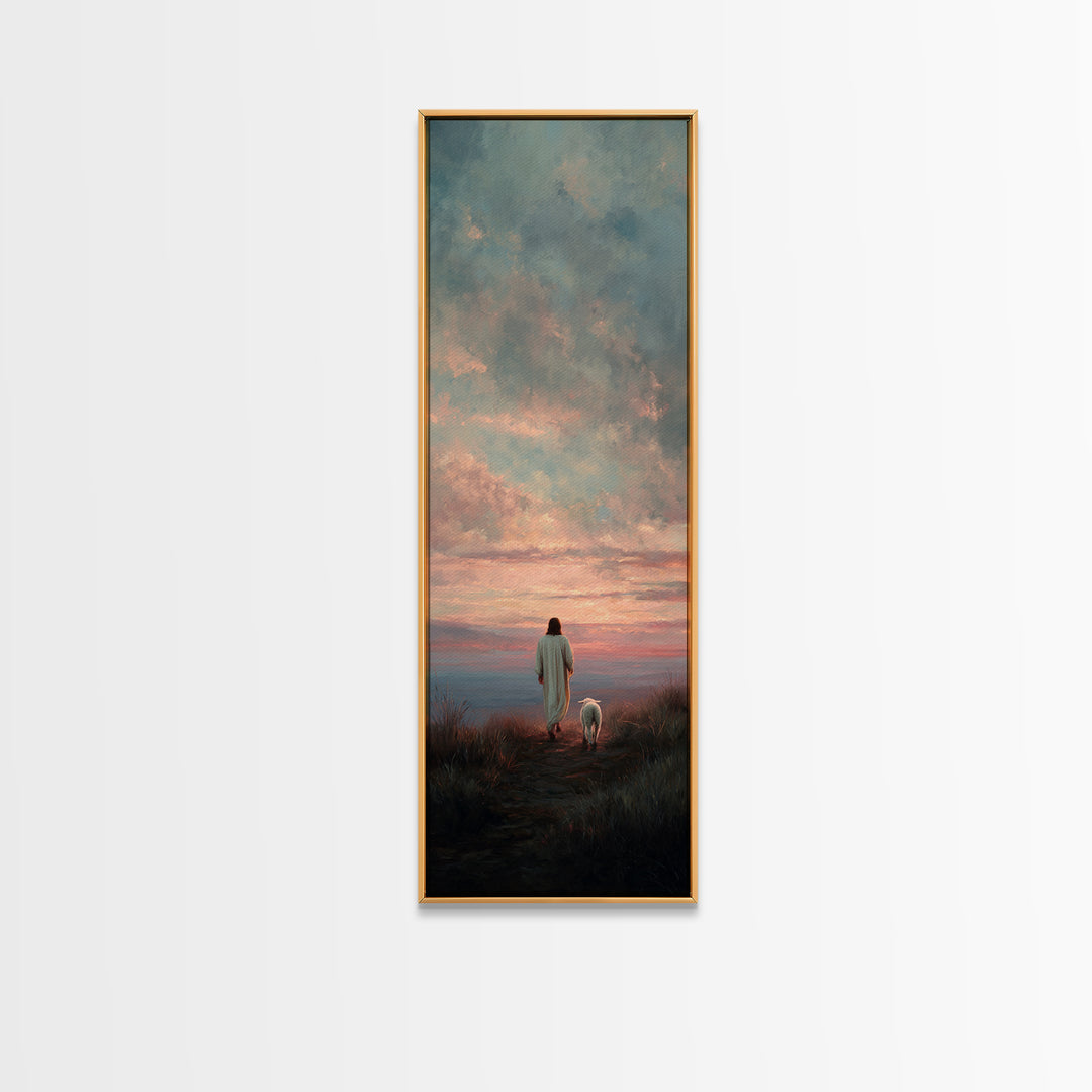 Crimson Dawn Journey | Framed Canvas Print | Christian Art Canvas | Jesus Painting | Christian Wall Art | Christian Christmas Art | Tall Sk