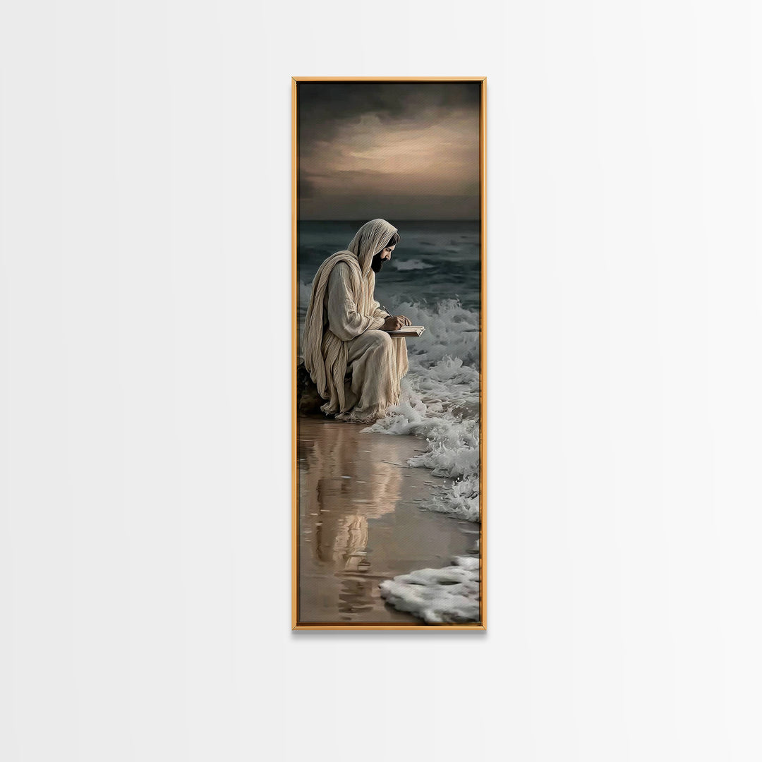 Shoreline Reverence - Framed Canvas Print - Tall Narrow Wall Art - Christian Wall Art - Jesus Painting - Modern Christian Art - Christian A