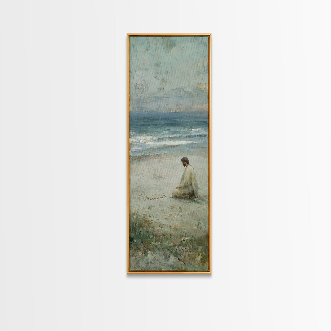 Sacred Shoreline Light - Framed Canvas Print - Tall Skinny Art Print - Christian Art Canvas - Jesus Painting - Christian Wall Art - Faith A