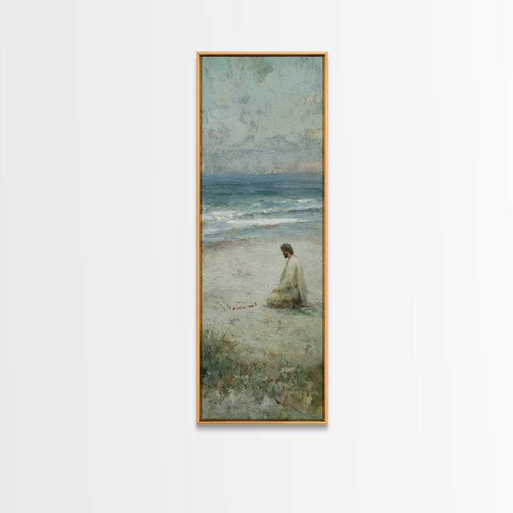 Sacred Shoreline Light - Framed Canvas Print - Tall Skinny Art Print - Christian Art Canvas - Jesus Painting - Christian Wall Art - Faith A