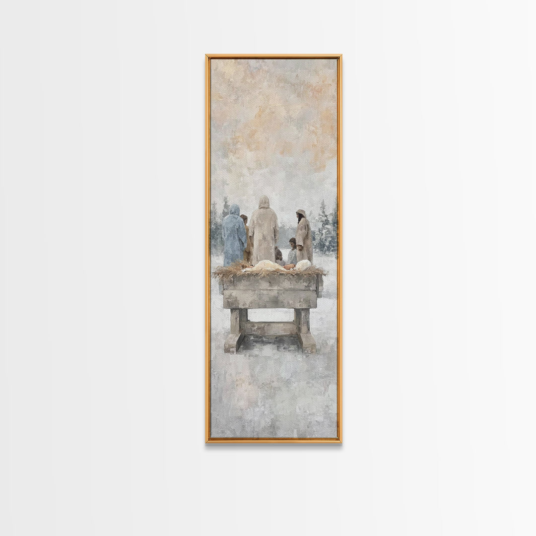 Winter Manger Gathering – Framed Canvas Print – Tall Skinny Art Print – Christian Wall Art – Jesus Painting – Christmas Art – Christian Dec