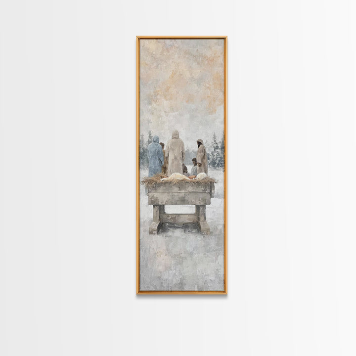 Winter Manger Gathering – Framed Canvas Print – Tall Skinny Art Print – Christian Wall Art – Jesus Painting – Christmas Art – Christian Dec