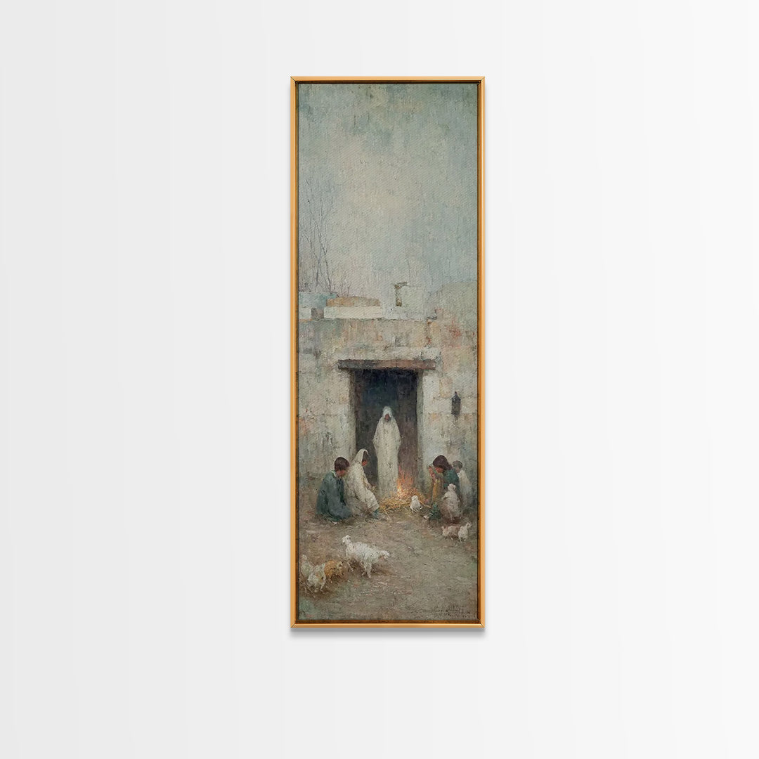 Bethlehem Hearth Peace – Framed Canvas Print – Narrow Art – Christian Christmas Art – Christian Wall Art – Jesus Painting – Christian Gift
