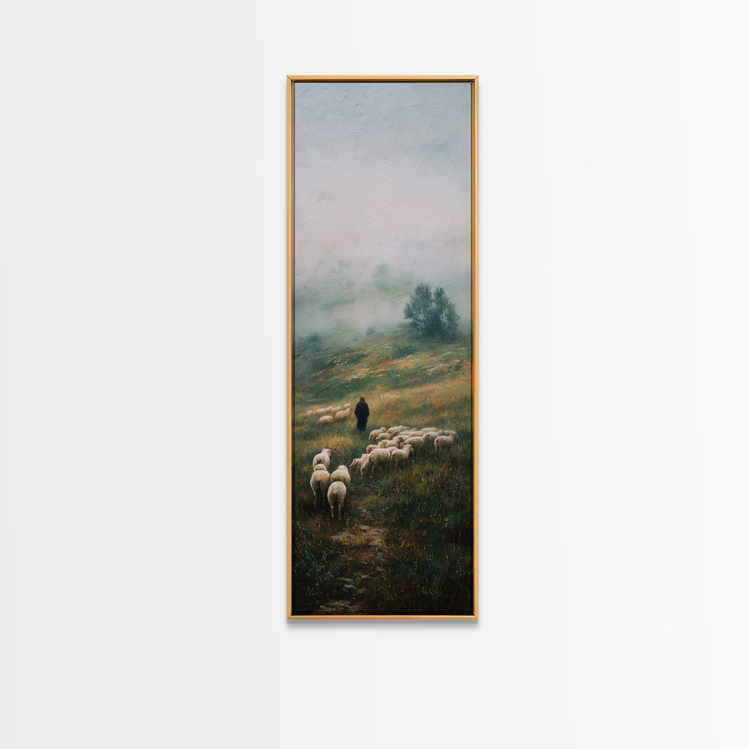 Morning Shepherd Path – Framed Canvas Print – Tall Narrow Wall Art – Christian Art – Jesus Painting – Christian Wall Art – Christian Decor