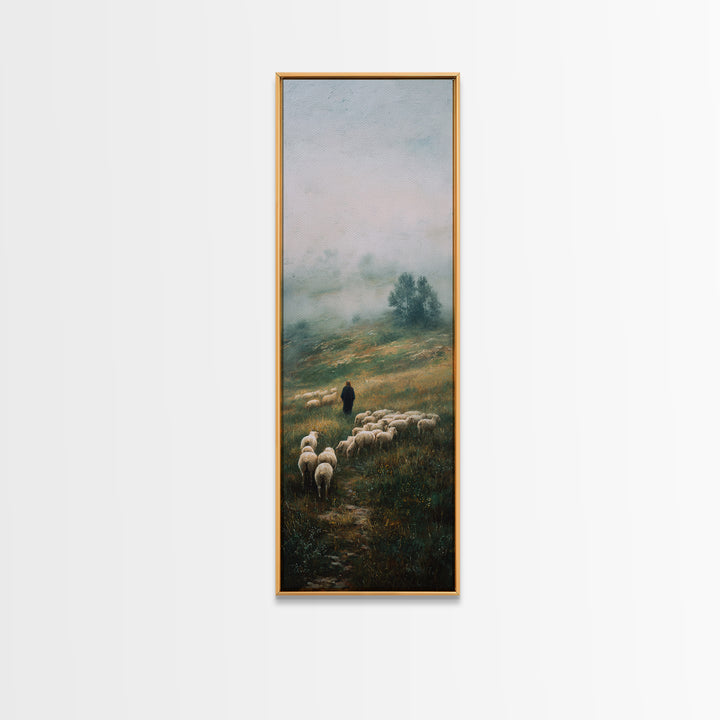 Morning Shepherd Path – Framed Canvas Print – Tall Narrow Wall Art – Christian Art – Jesus Painting – Christian Wall Art – Christian Decor