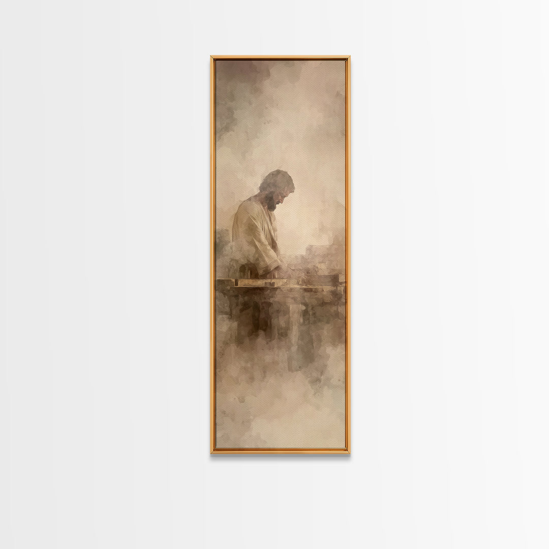 Quiet Carpenter Grace – Framed Canvas Print – Tall Skinny Art Print – Christian Art Canvas – Christian Painting – Christian Wall Art – Mini