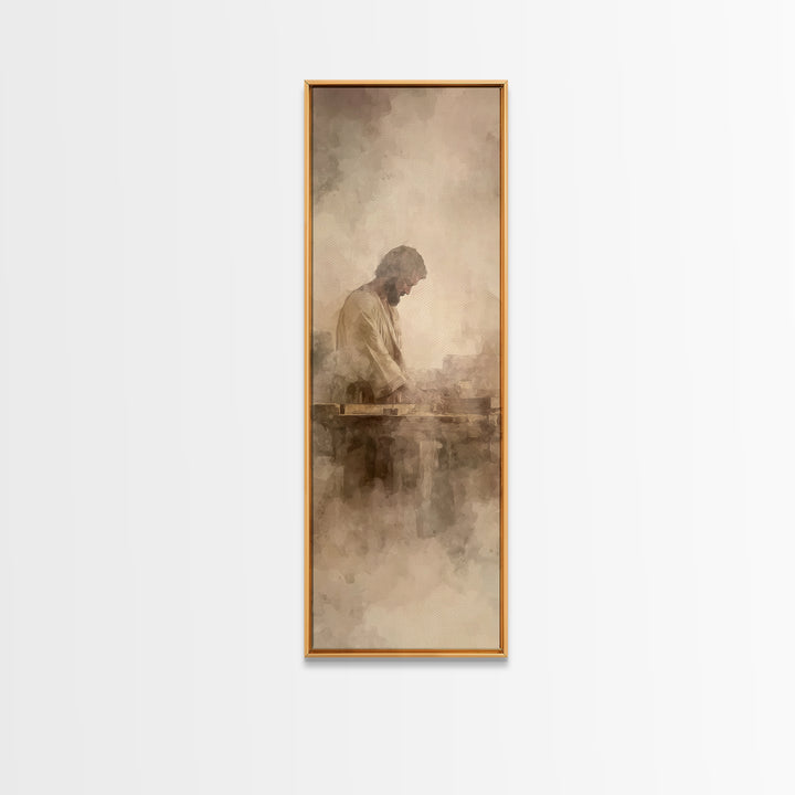 Quiet Carpenter Grace – Framed Canvas Print – Tall Skinny Art Print – Christian Art Canvas – Christian Painting – Christian Wall Art – Mini