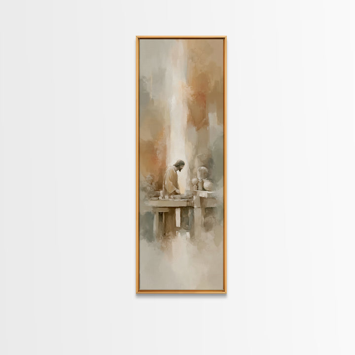 Carpenter’s Devotion, Framed Canvas Print, Tall Narrow Wall Art, Christian Wall Art, Christian Art Canvas, Jesus Painting, Christian Gift