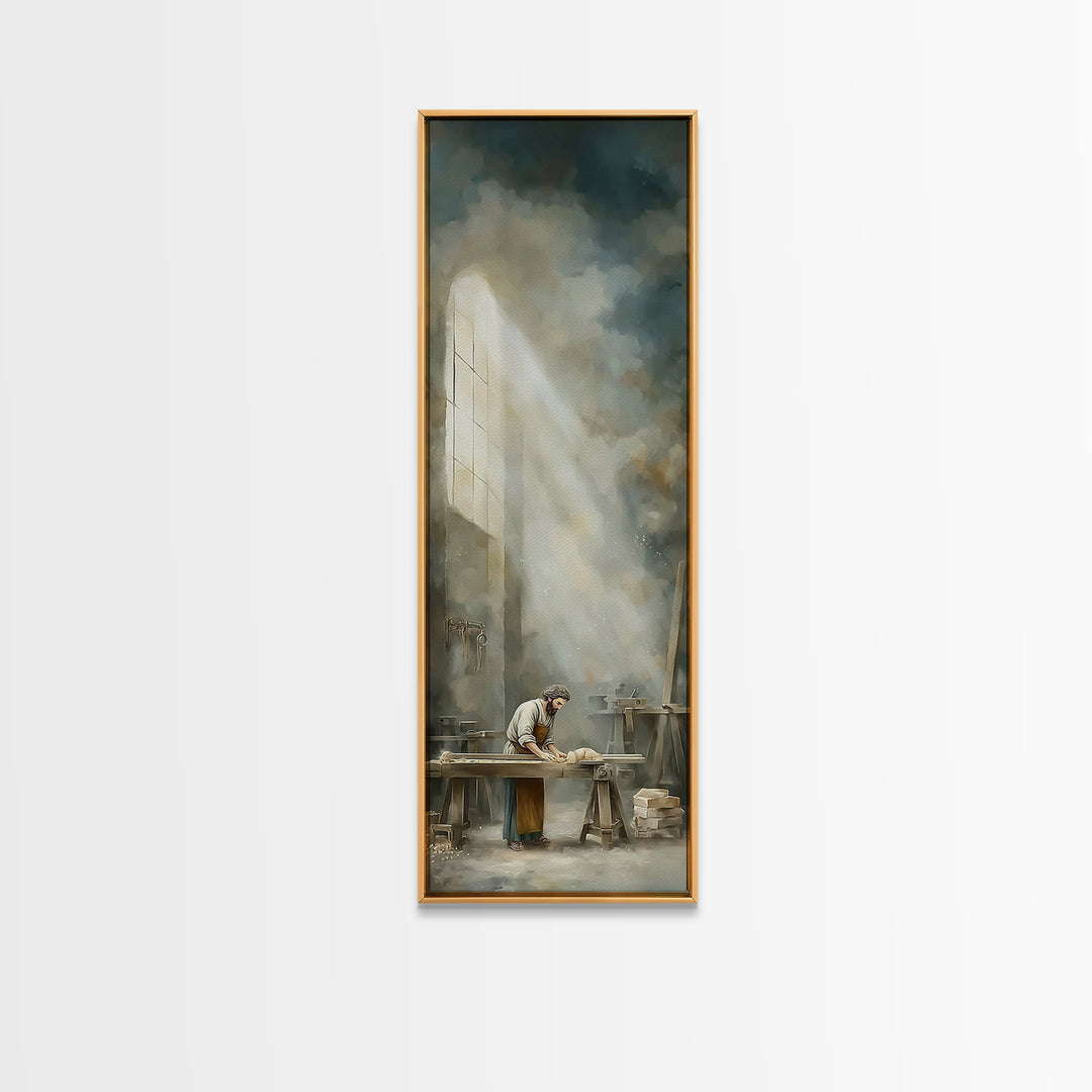 Holy Workshop Glow, Framed Canvas Print, Narrow Art, Christian Art Canvas, Christian Wall Art, Jesus Painting, Moody Christian Art