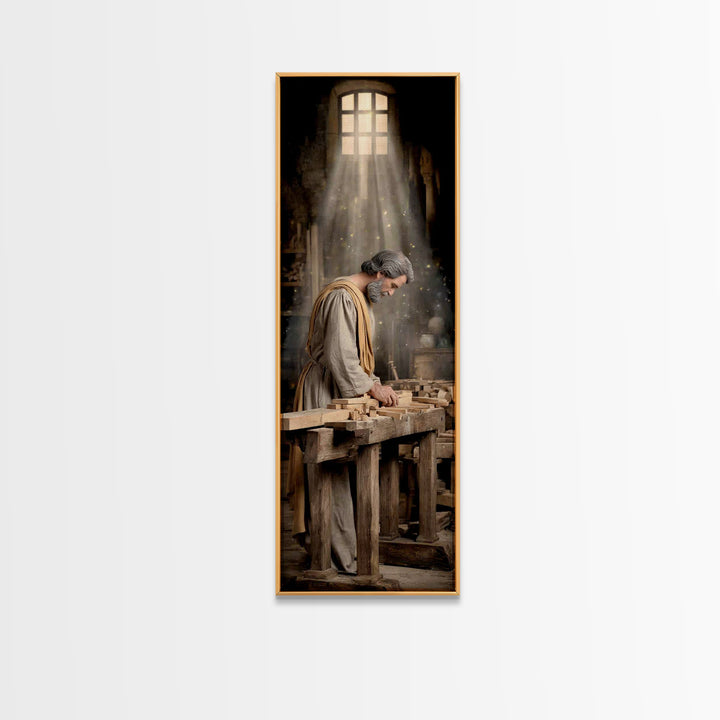 Heavenly Carpenter Grace – Framed Canvas Print – Tall Skinny Art Print – Christian Wall Art – Jesus Painting – Christian Art Canvas – Chris