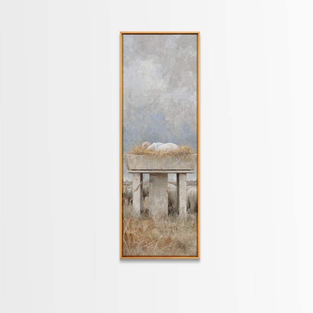 Peaceful Manger Rest – Framed Canvas Print – Narrow Art – Christian Art Canvas – Christian Wall Art – Christmas Art – Christian Painting –