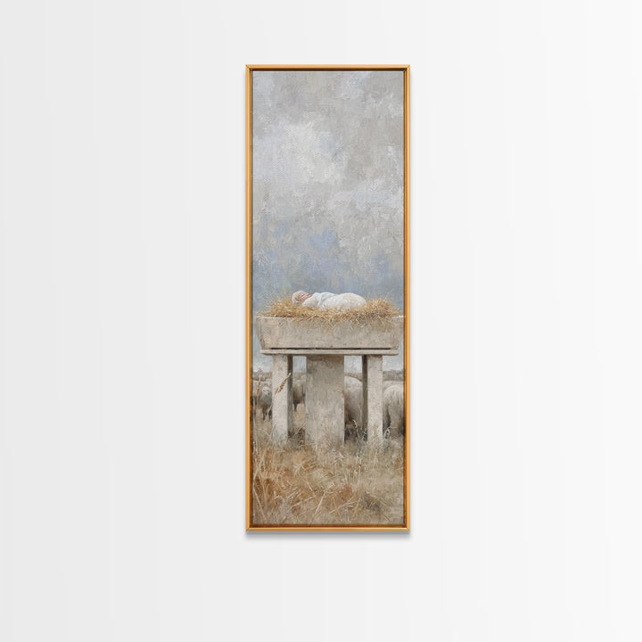 Peaceful Manger Rest – Framed Canvas Print – Narrow Art – Christian Art Canvas – Christian Wall Art – Christmas Art – Christian Painting –