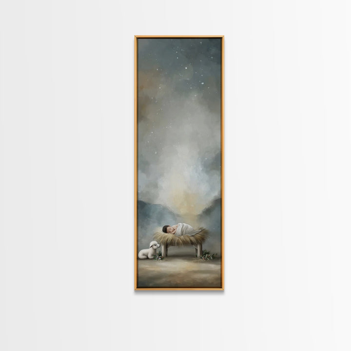 Divine Stable Glow – Framed Canvas Print – Christian Art – Jesus Painting – Christian Christmas Art – Tall Skinny Art Print