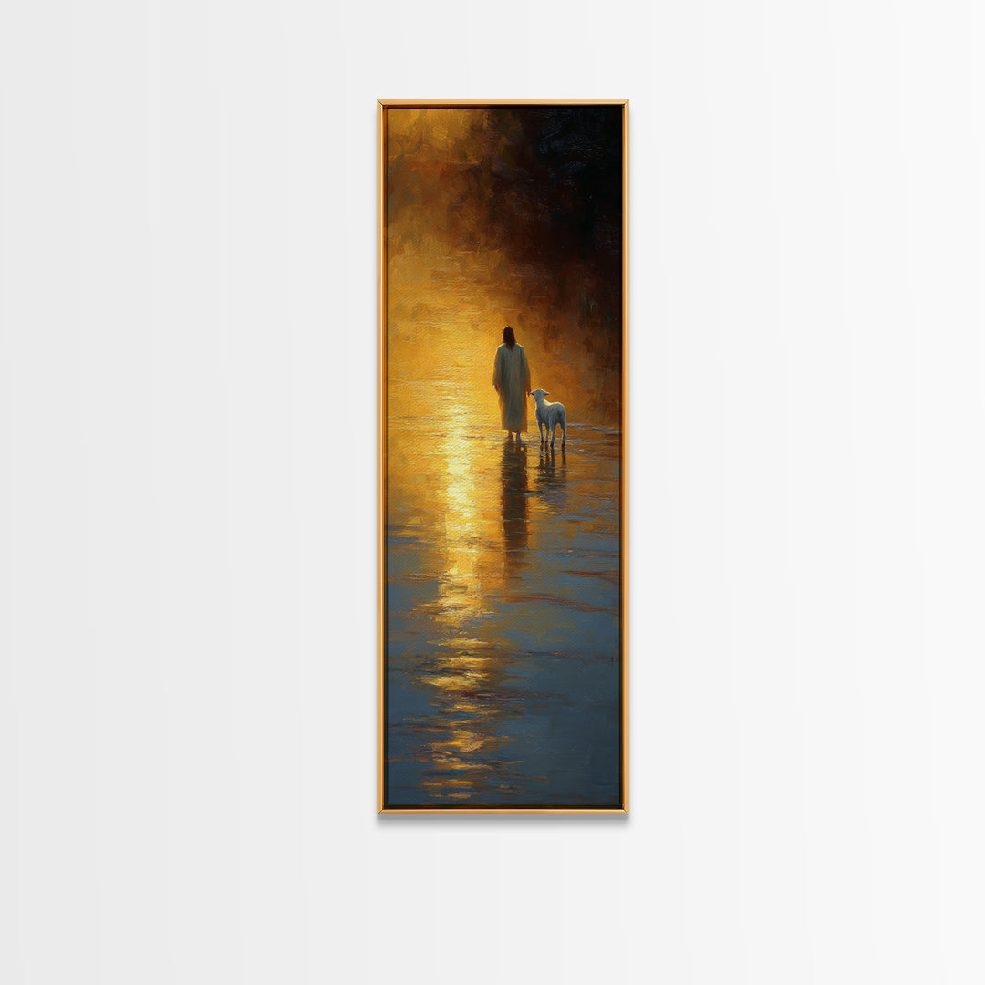 Shepherd’s Dawn Path – Framed Canvas Print – Christian Art Print – Jesus Painting – Christian Wall Art – Tall Narrow Wall Art