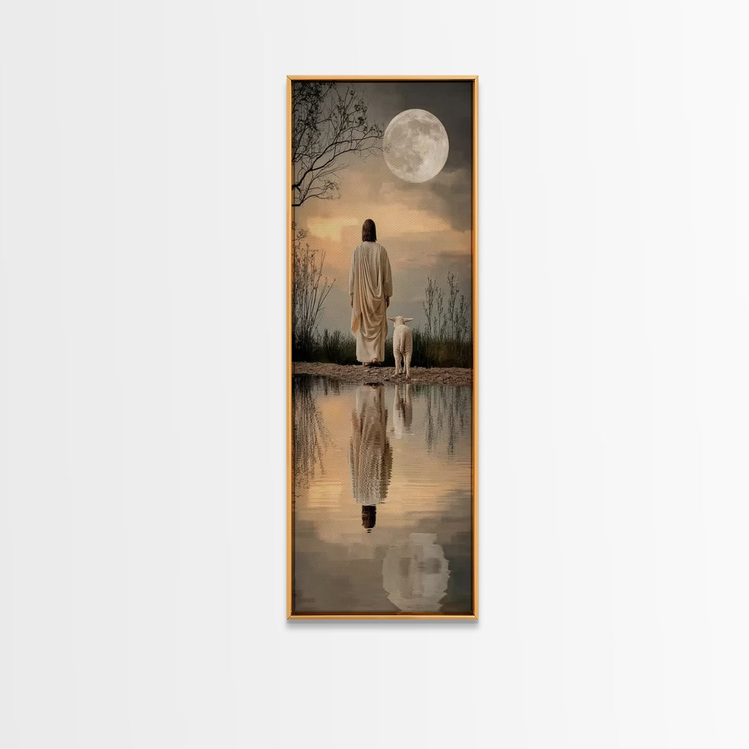 Moonlit Savior Path – Framed Canvas Print – Jesus Painting – Christian Art Canvas – Christian Wall Art – Skinny Art – Christian Art