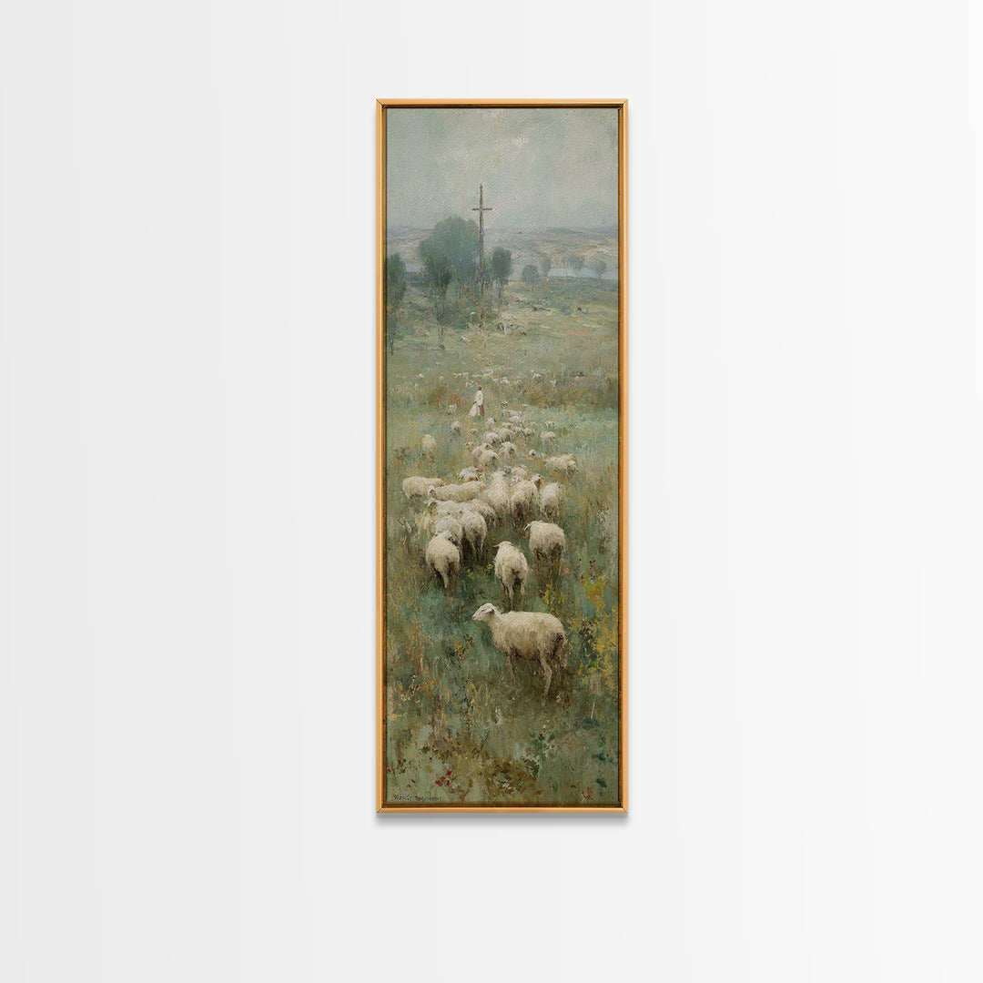 Field Of His Flock – Framed Canvas Print – Christian Art – Christian Wall Art – Christian Art Canvas – Jesus Painting – Narrow Art