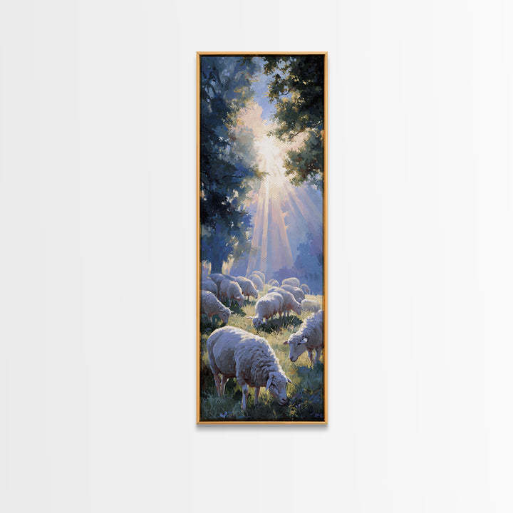 Blessed Pasture Dawn – Framed Canvas Print – Christian Wall Art – Christian Art Canvas – Christian Art – Tall Narrow Wall Art – Jesus Paint