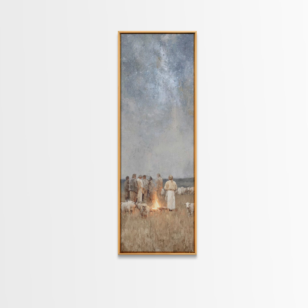 Shepherds By Firelight,Framed Canvas Print,Christian Wall Art,Tall Narrow Wall Art,Christian Paintings,Christmas Wall Art,Jesus Art Canvas