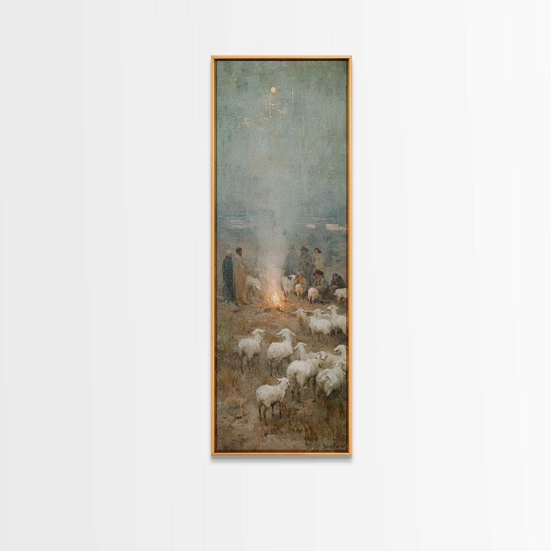 Moonlit Shepherd Circle | Framed Canvas Print | Christian Art Canvas | Christian Wall Art | Jesus Painting | Skinny Art | Christian Christm