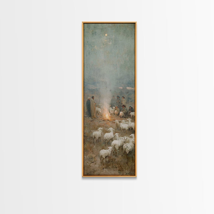 Moonlit Shepherd Circle | Framed Canvas Print | Christian Art Canvas | Christian Wall Art | Jesus Painting | Skinny Art | Christian Christm