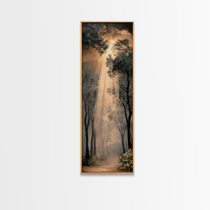 Radiant Forest Glow | Framed Canvas Print | Christian Wall Art | Christian Art Canvas | Tall Narrow Wall Art | Christian Art Print | Christ