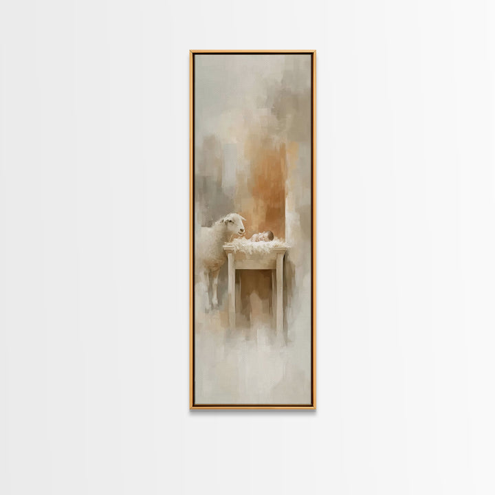Gentle Manger Love, Framed Canvas Print, Christian Art Canvas, Jesus Painting, Tall Narrow Wall Art, Christian Christmas Art, Christian Wal