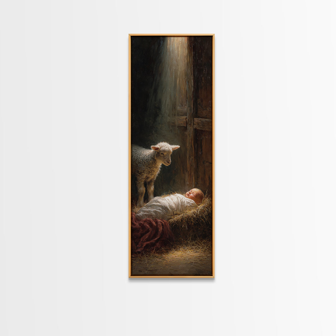 Holy Manger Light – Framed Canvas Print – Christian Wall Art – Christian Art Canvas – Jesus Painting – Tall Narrow Wall Art