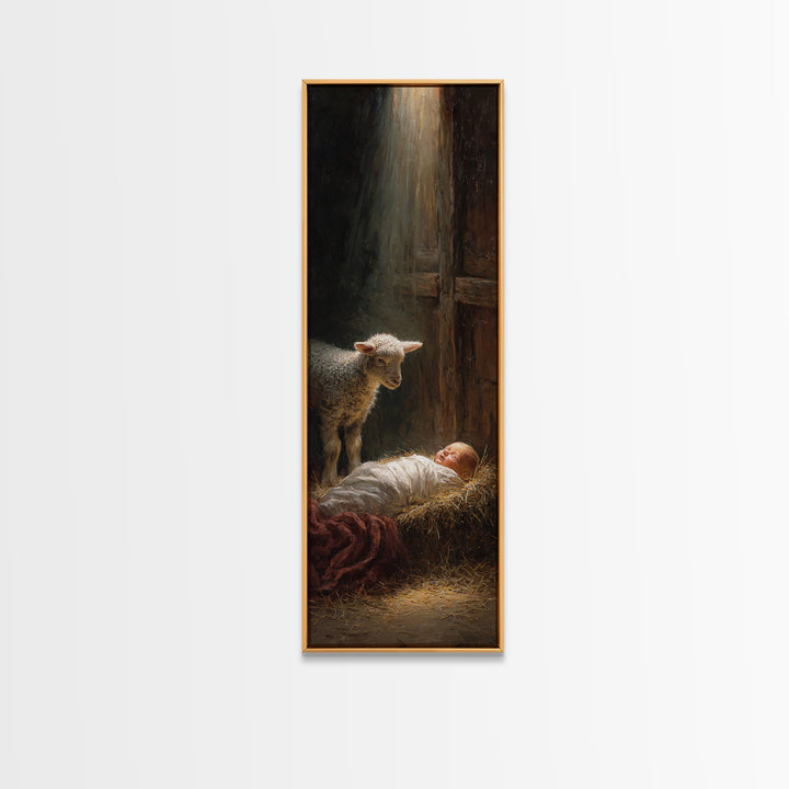 Holy Manger Light – Framed Canvas Print – Christian Wall Art – Christian Art Canvas – Jesus Painting – Tall Narrow Wall Art