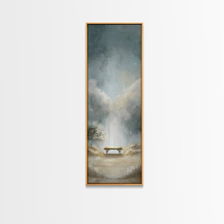 Winter Manger Light – Framed Canvas Print – Christmas Art – Christian Christmas Art – Christian Wall Art – Tall Narrow Wall Art