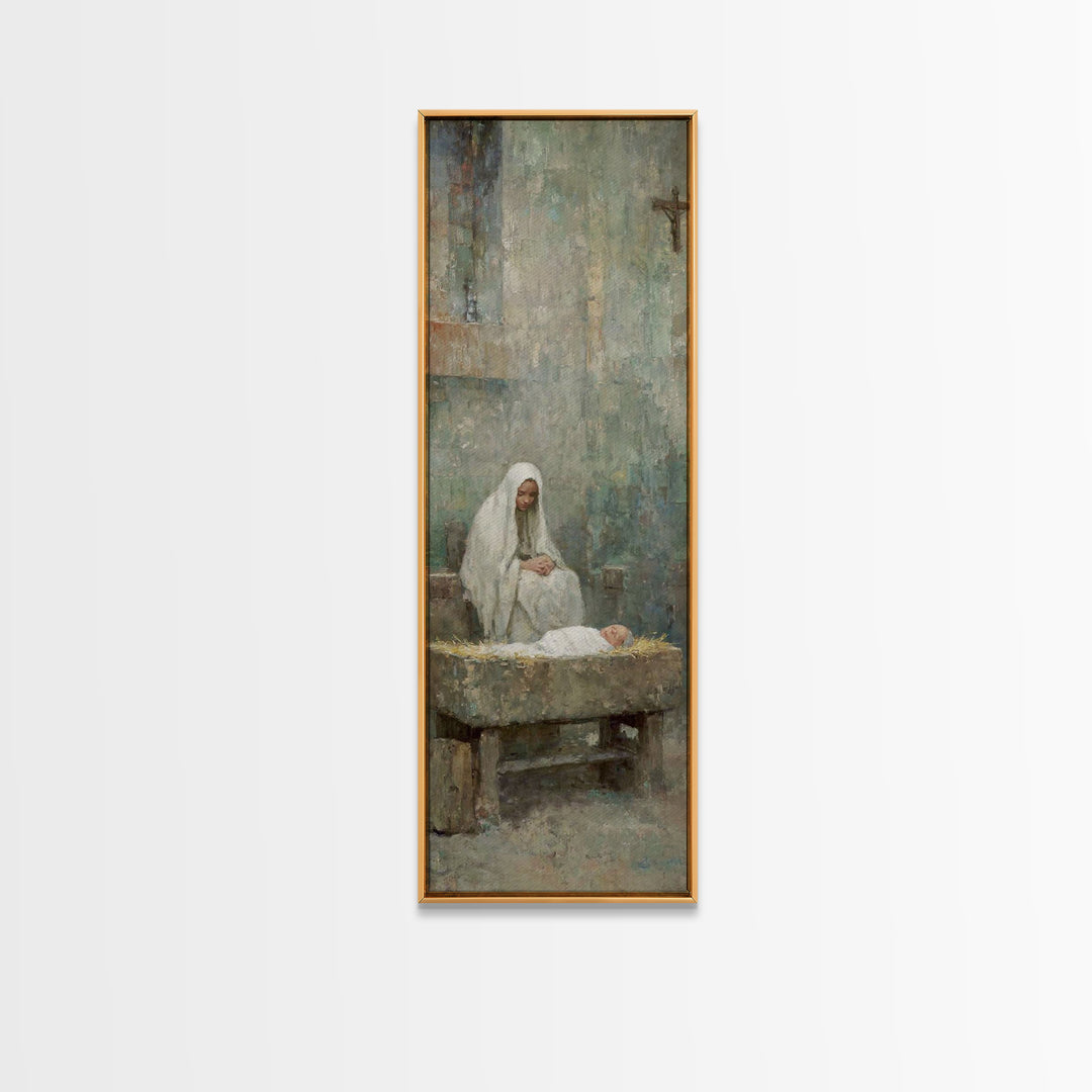 Mary’s Gentle Watch – Framed Canvas Print – Christian Art Canvas – Christian Wall Art – Christmas Art – Narrow Art